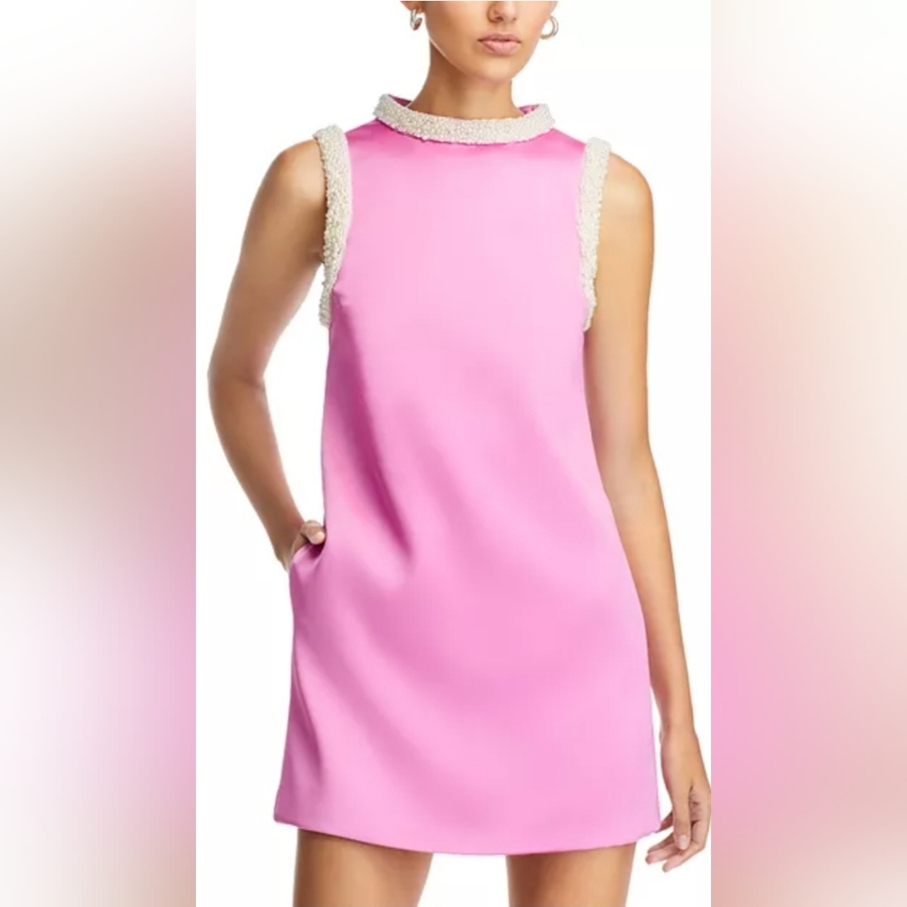 NWT Self-Portrait Pink Pearl Trim Satin Mini Dress Size 8